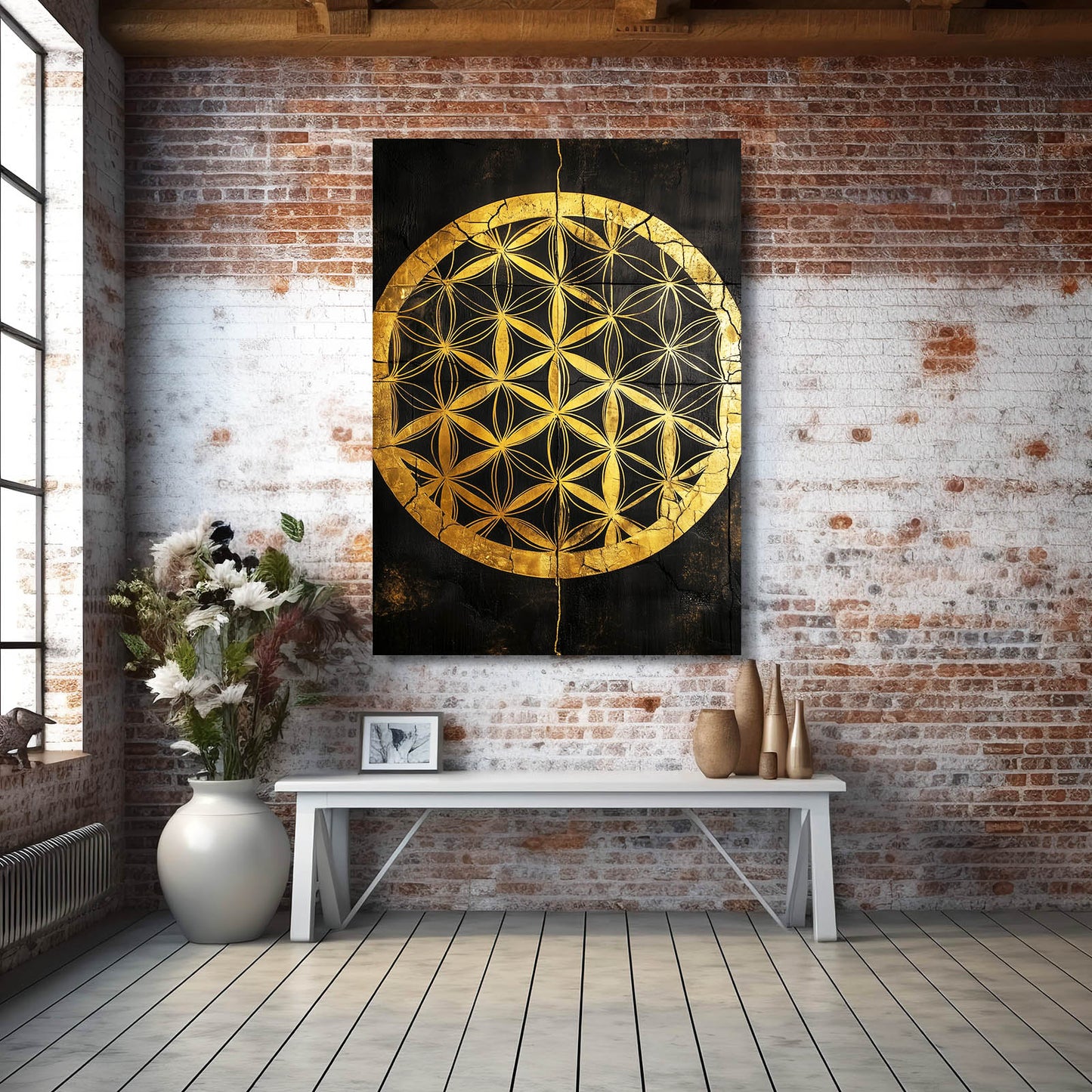 Black Gold Medallion Flower Of Life Wall Decor – styled in a furnished interior