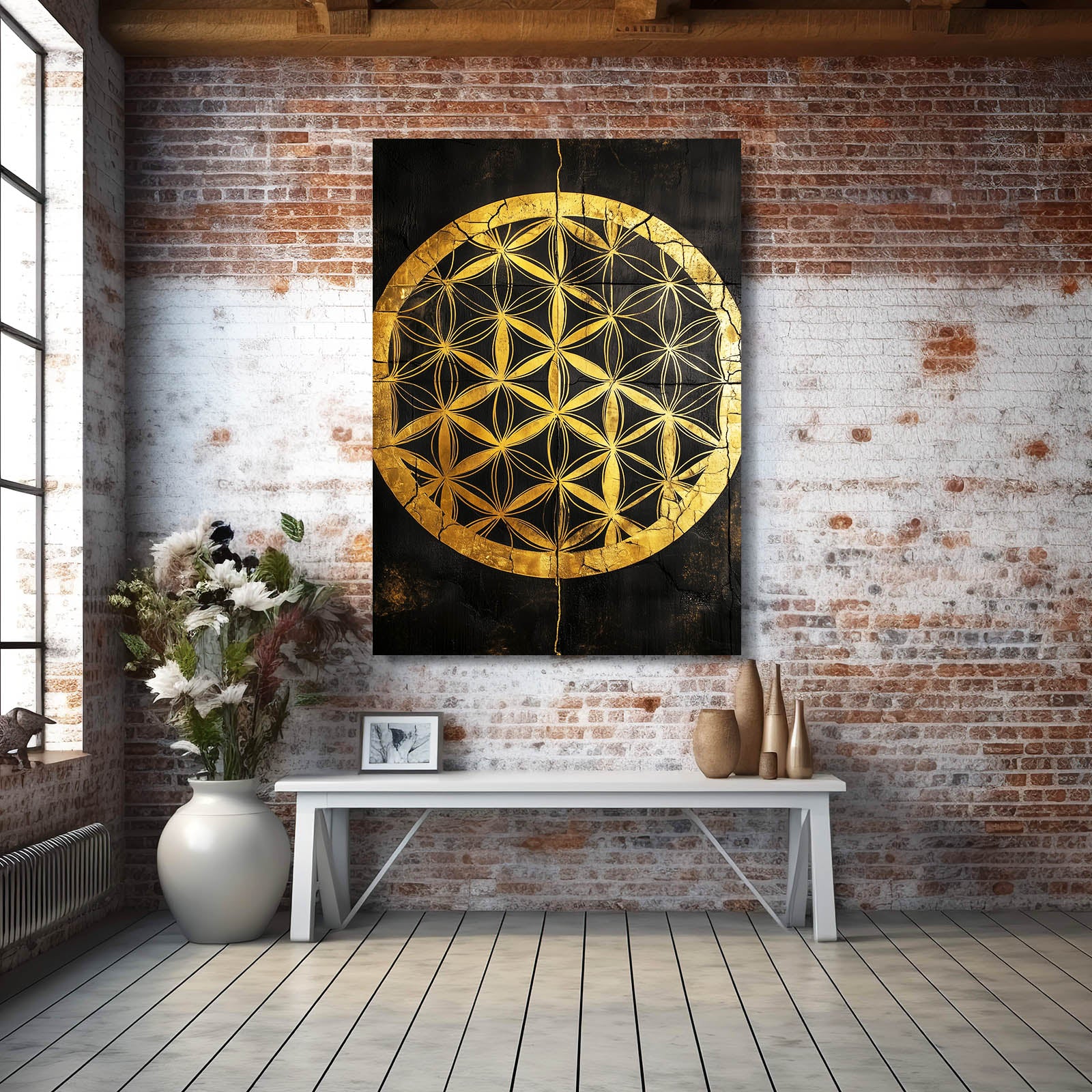 Black Gold Medallion Flower Of Life Wall Decor – styled in a furnished interior