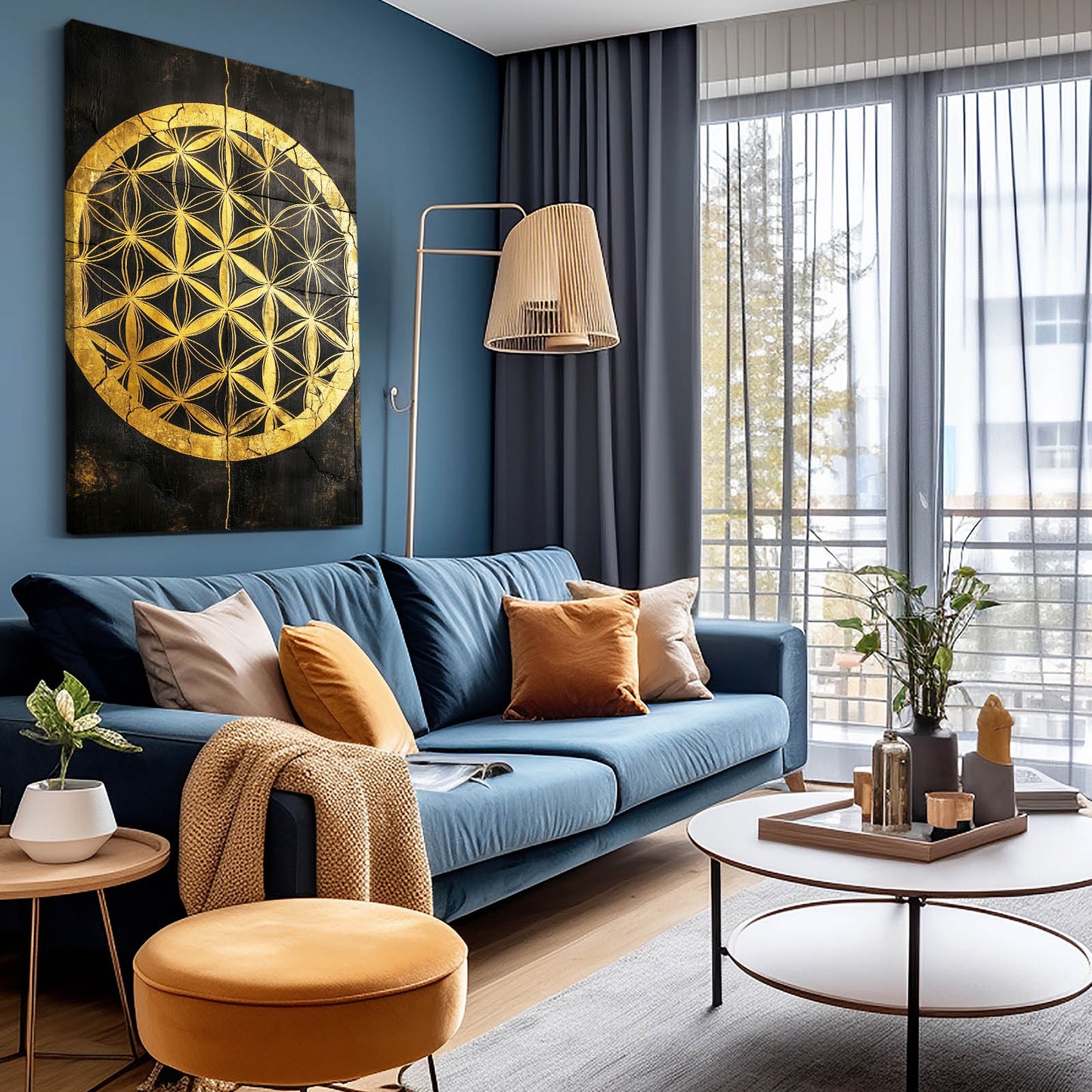 Black Gold Medallion Flower Of Life Wall Decor – styled in a furnished interior