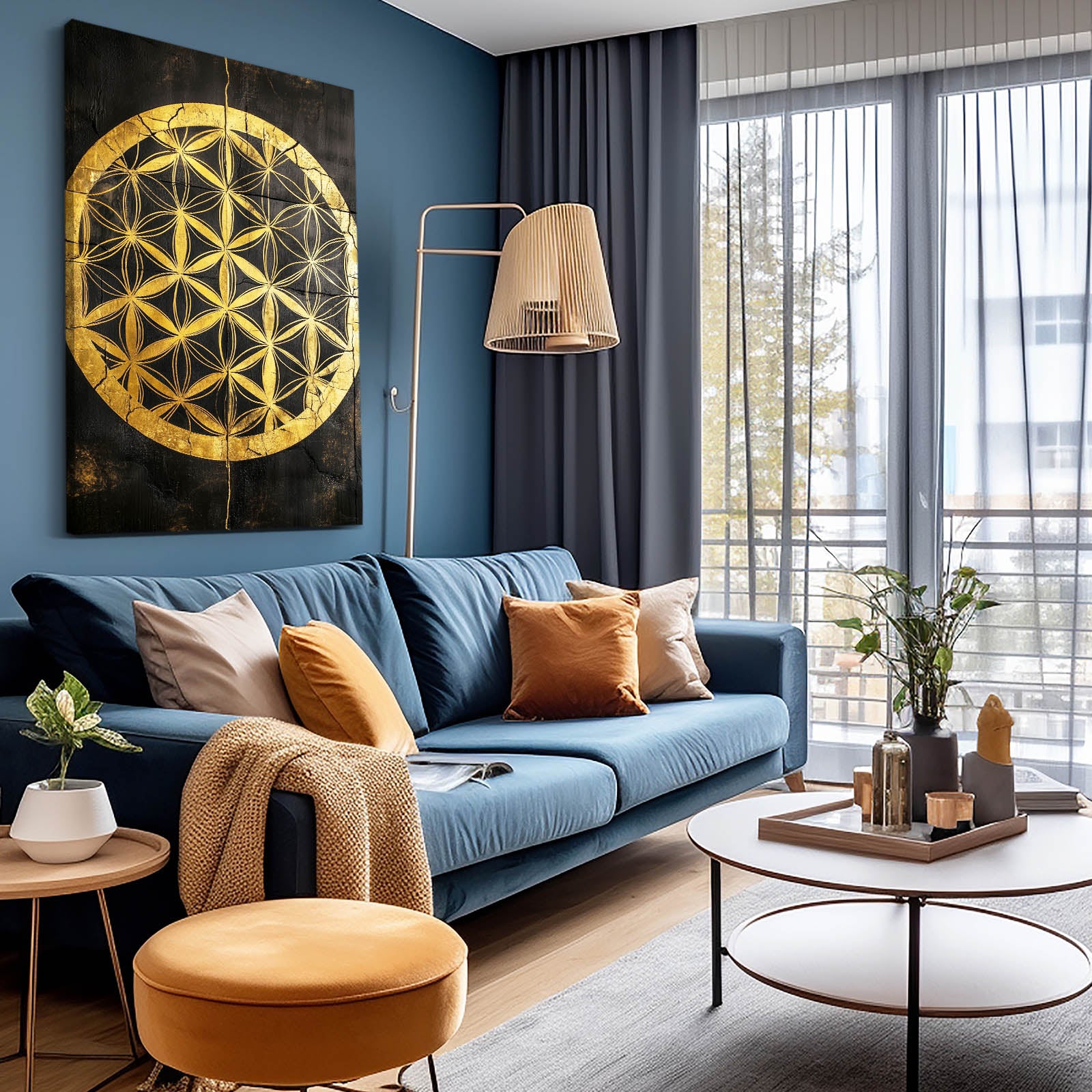 Black Gold Medallion Flower Of Life Wall Decor – styled in a furnished interior