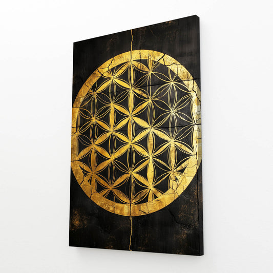 Black Gold Medallion Flower Of Life Wall Decor – angled canvas view on white background