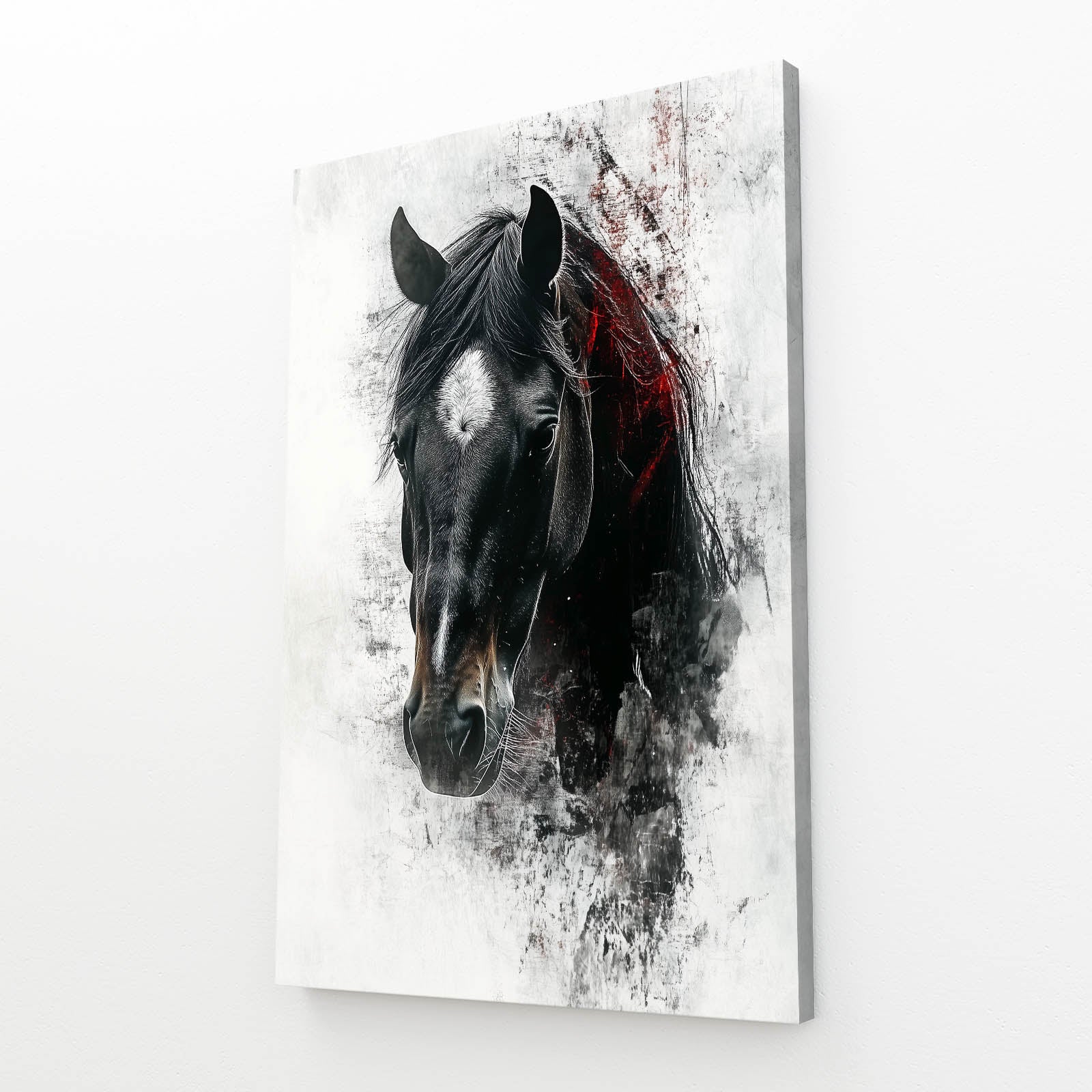 Black Head Horse Wall Art – angled canvas view on white background
