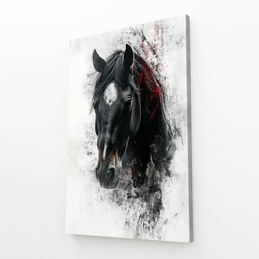 Black Head Horse Wall Art – angled canvas view on white background