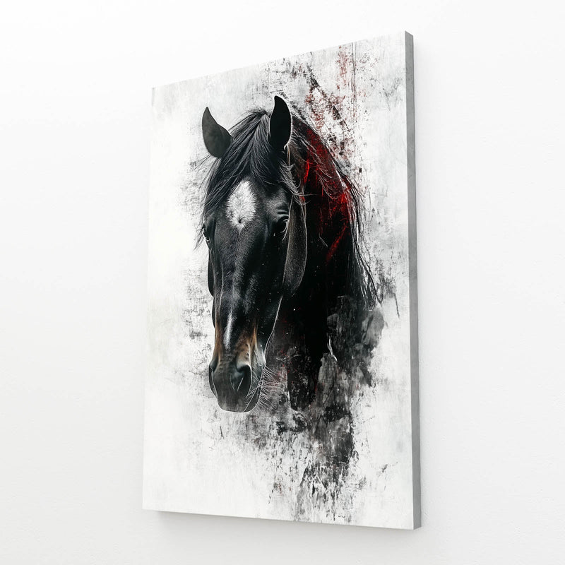 Black Head Horse Wall Art – angled canvas view on white background