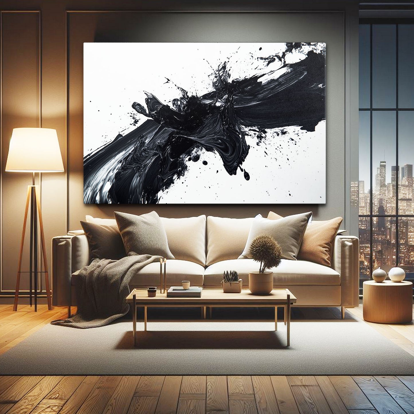 Black Ink Burst Abstract Wall Art – styled in a furnished interior