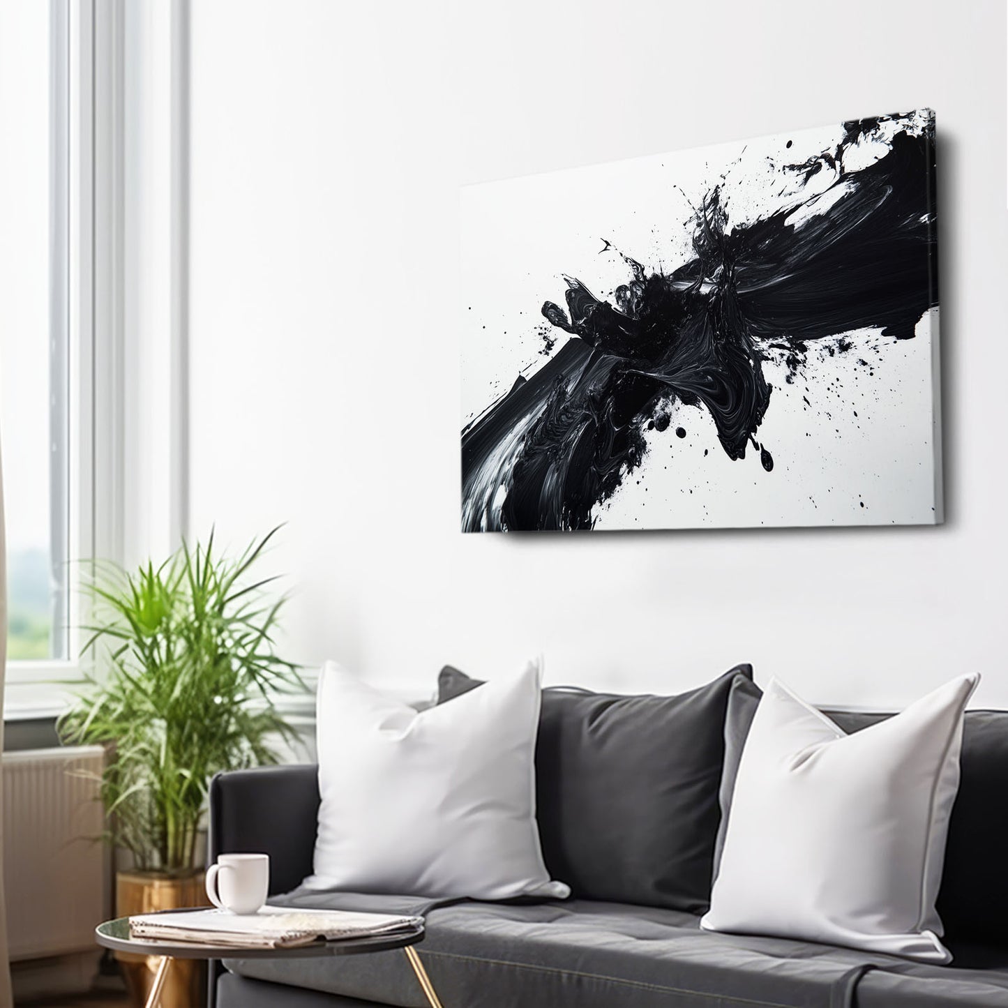 Black Ink Burst Abstract Wall Art – styled in a furnished interior