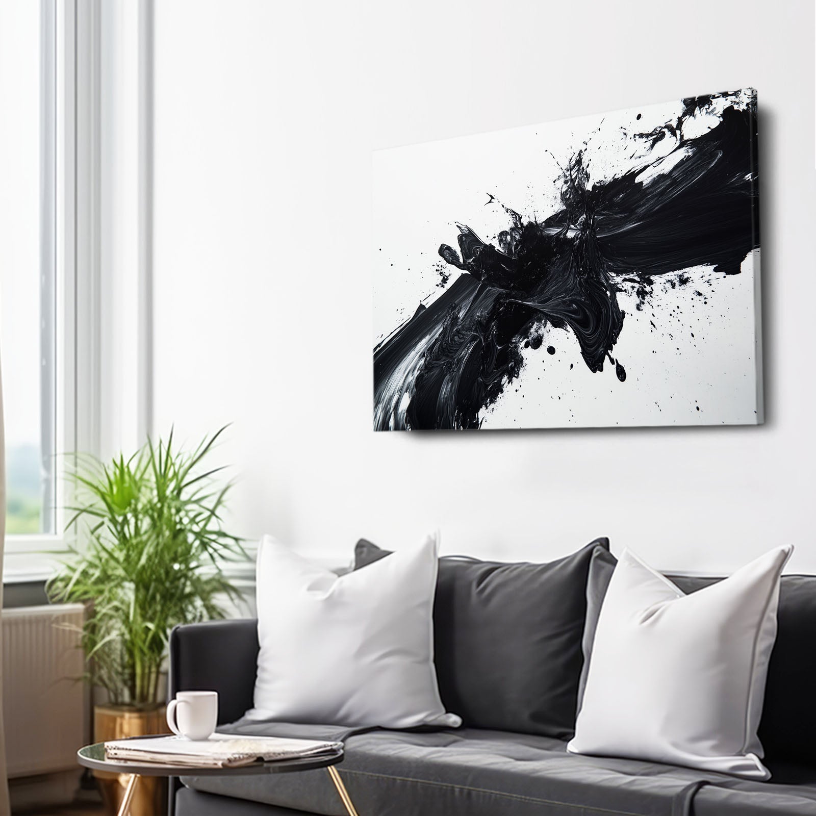 Black Ink Burst Abstract Wall Art – styled in a furnished interior