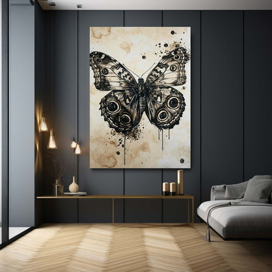 Black Ink Butterfly Wall Art — black and white canvas print in white tones, view 3