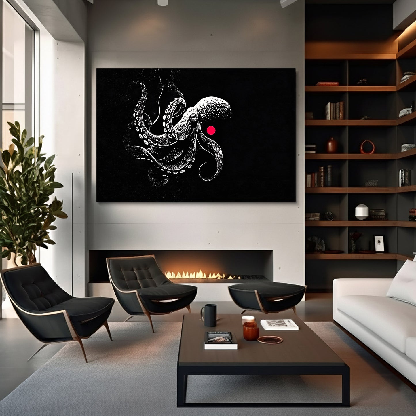 Black Ink Dot Octopus Art – styled in a furnished interior