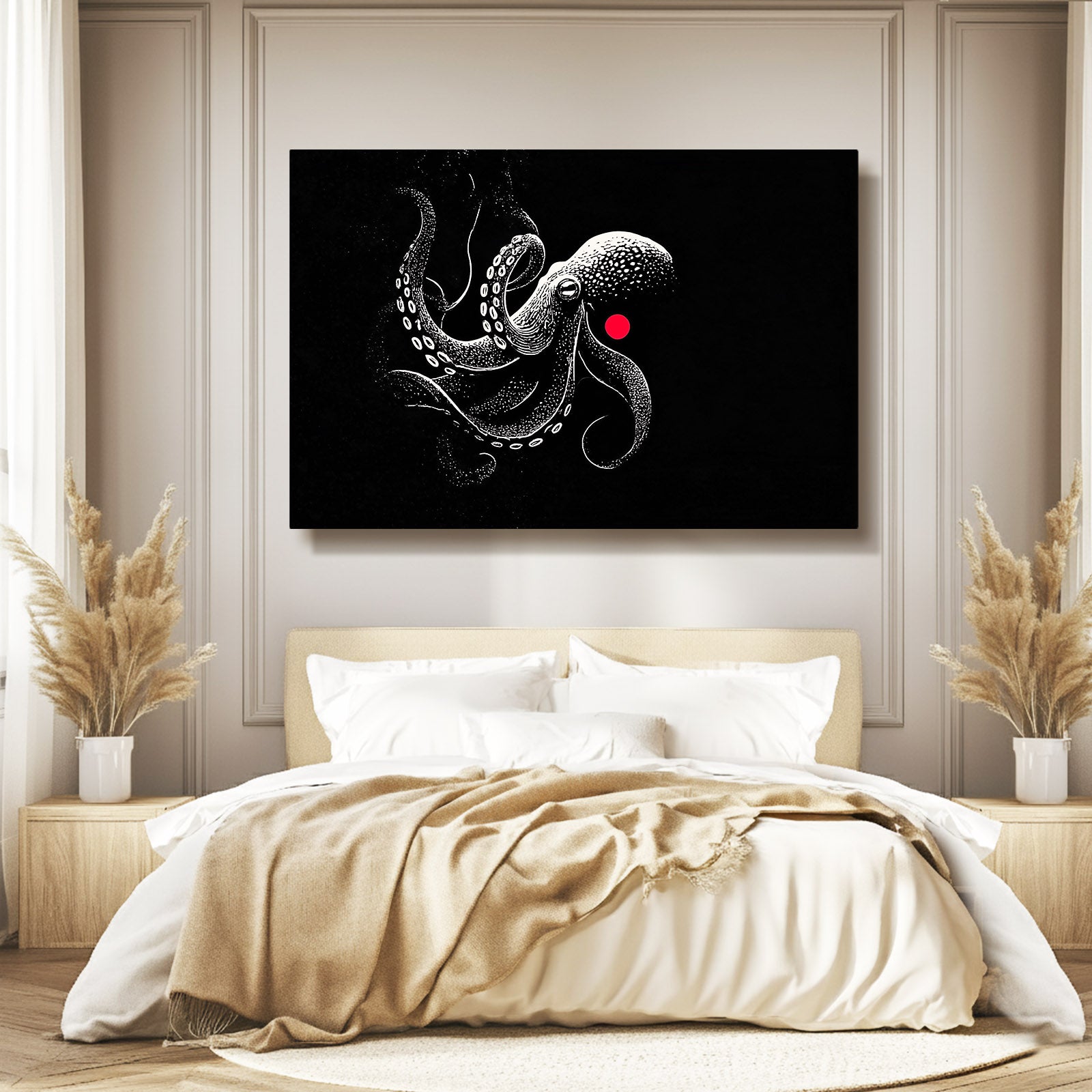 Black Ink Dot Octopus Art – styled in a furnished interior