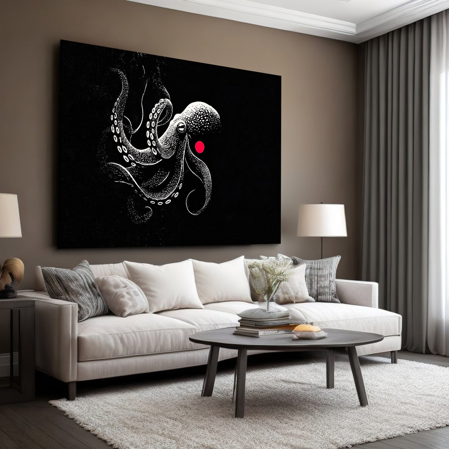Black Ink Dot Octopus Art – styled in a furnished interior