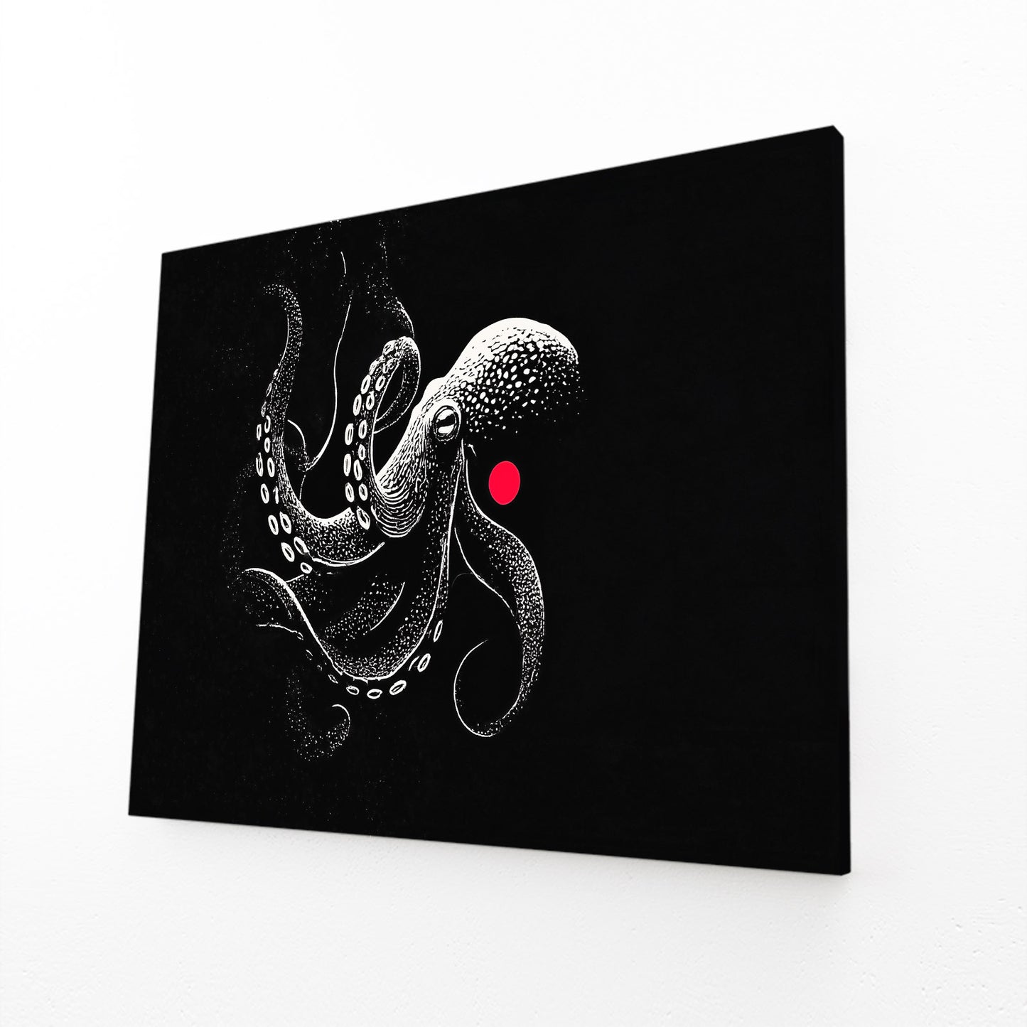 Black Ink Dot Octopus Art – angled canvas view on white background