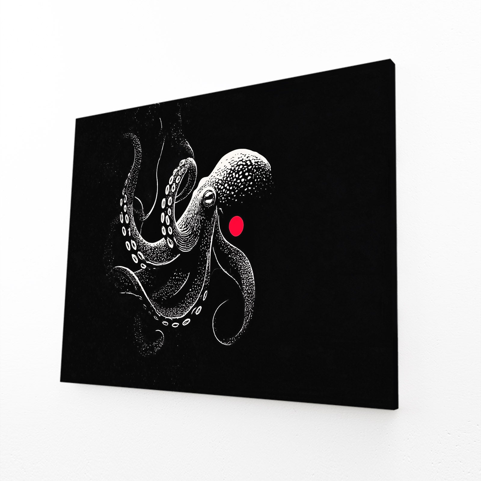 Black Ink Dot Octopus Art – angled canvas view on white background