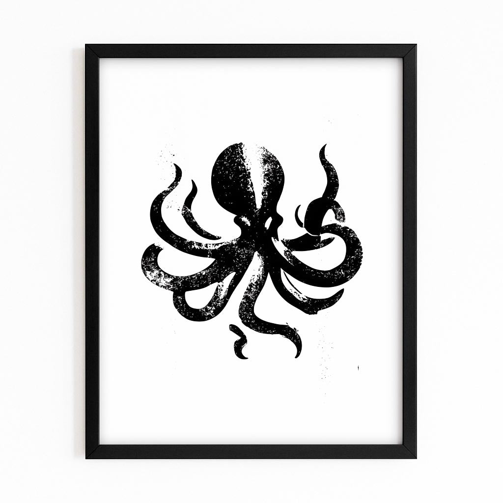 Black Ink Silhouette Octopus Wall Decor – with Premium Black frame on white background