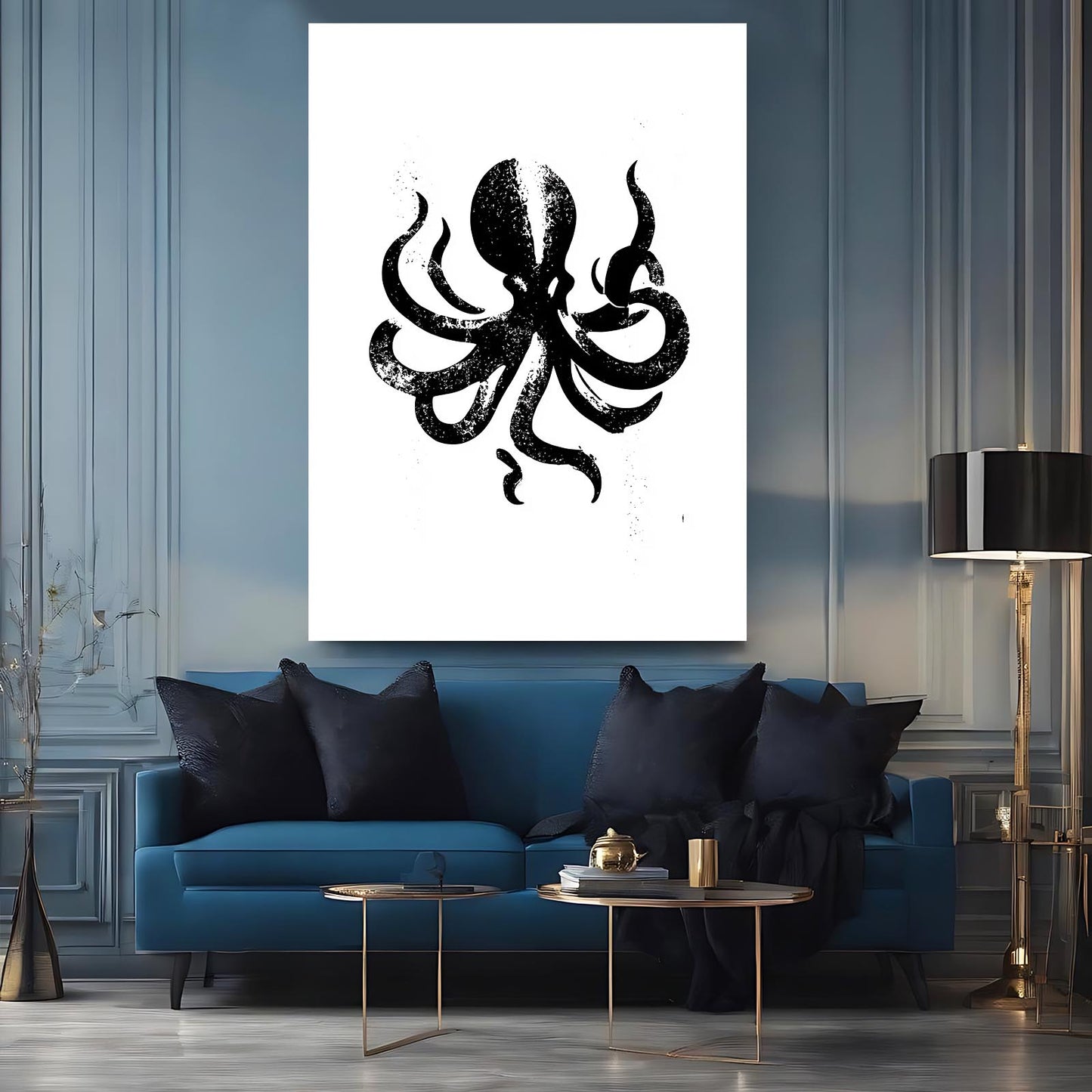 Black Ink Silhouette Octopus Wall Decor – styled in a furnished interior