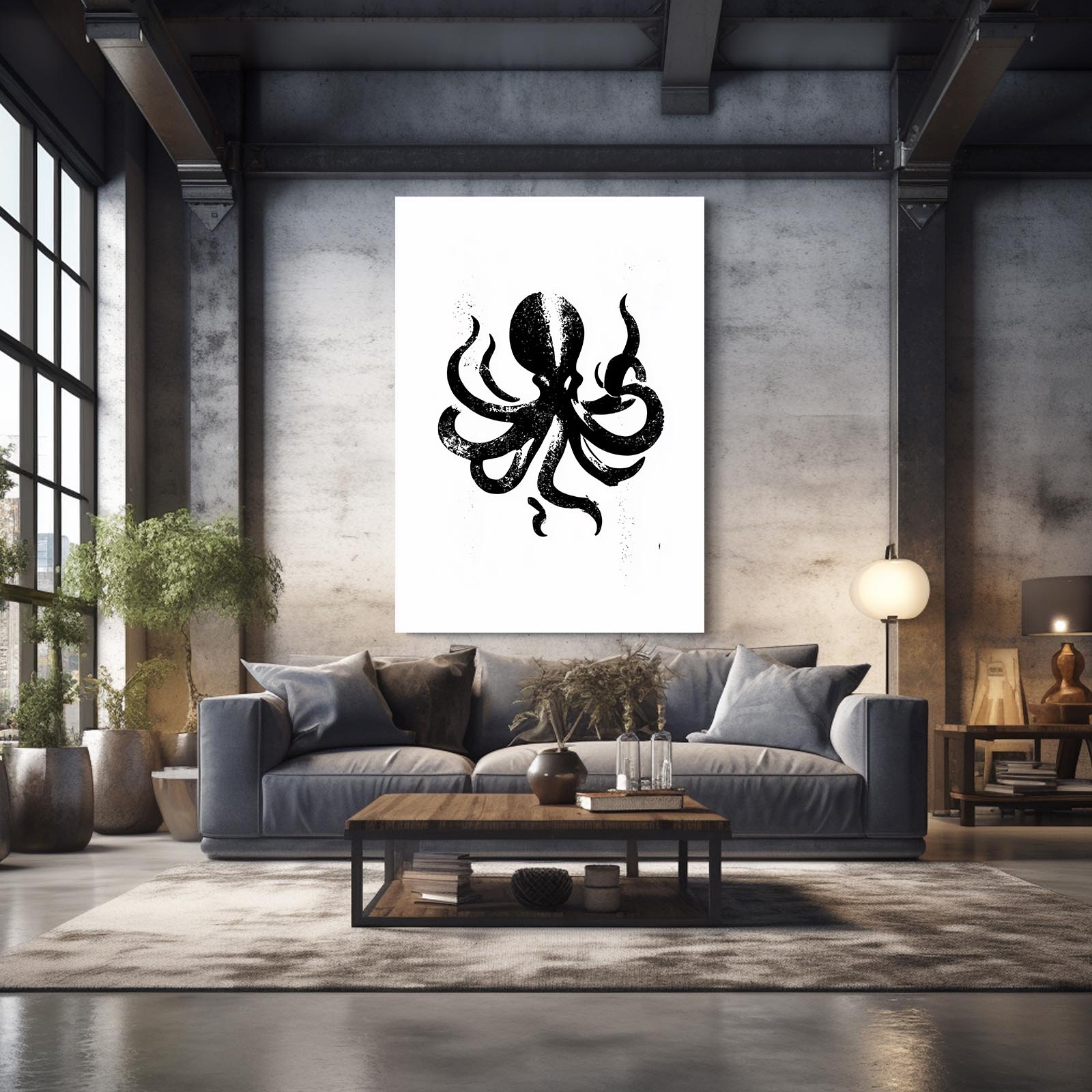 Black Ink Silhouette Octopus Wall Decor – styled in a furnished interior