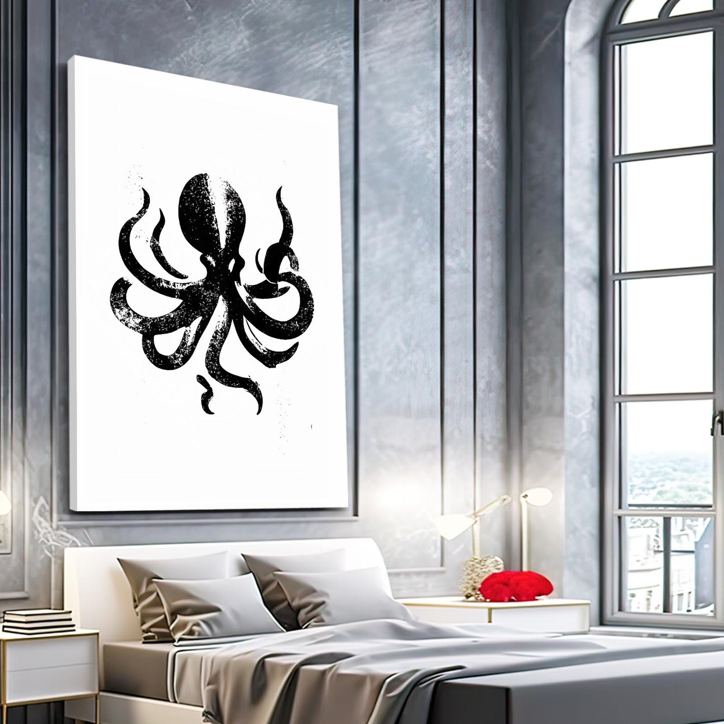 Black Ink Silhouette Octopus Wall Decor – styled in a furnished interior