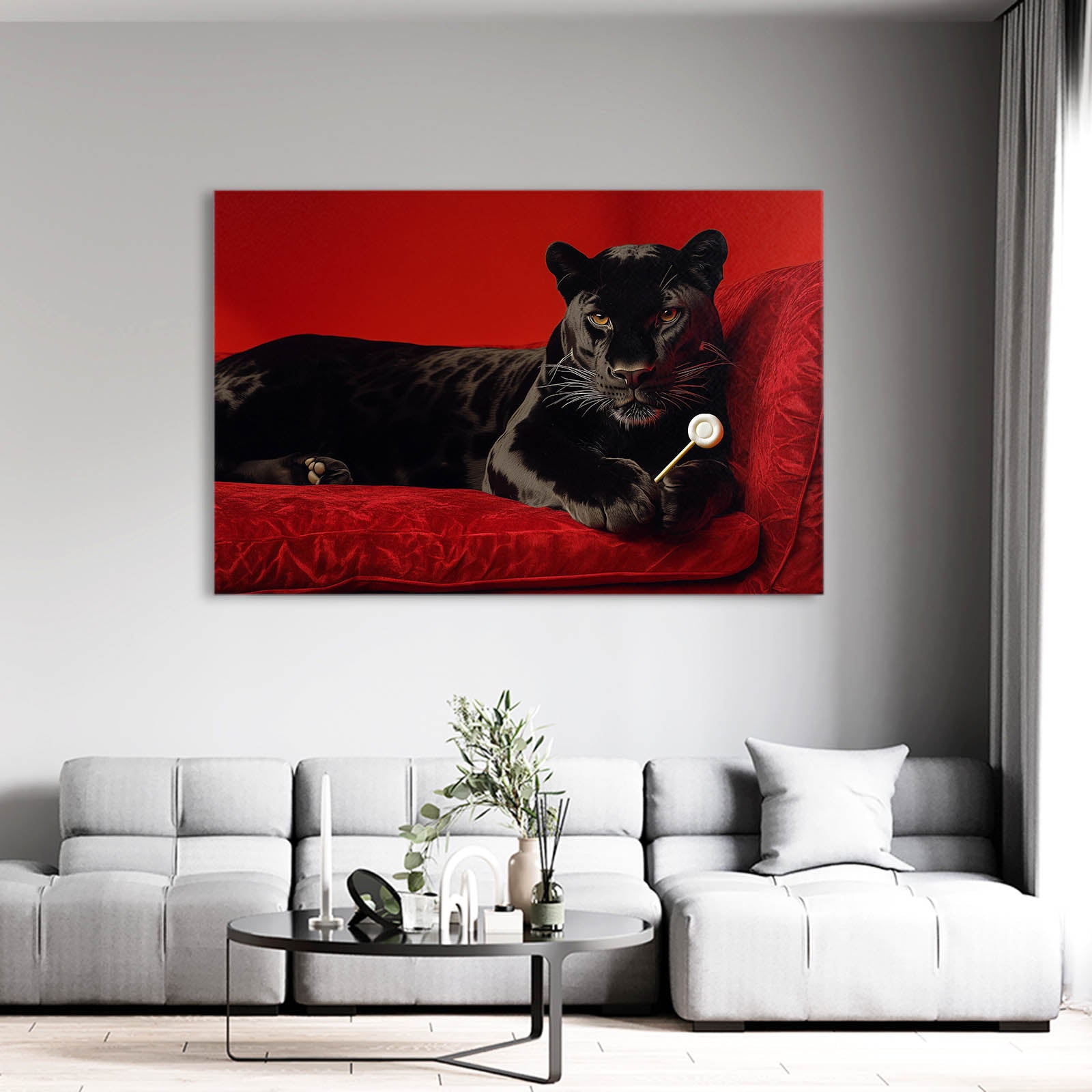 Black Leopard Lounging Wall Art – styled in a furnished interior