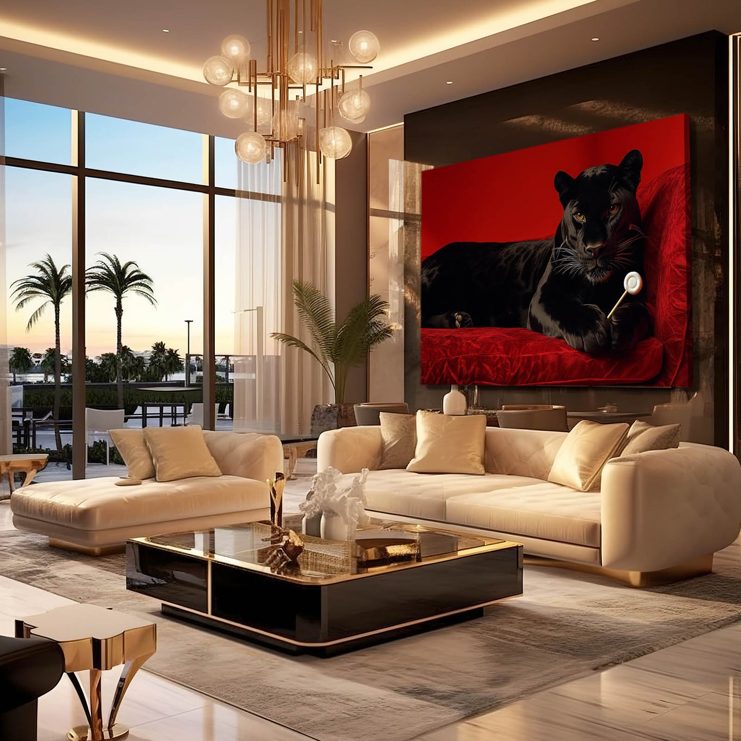 Black Leopard Lounging Wall Art – styled in a furnished interior