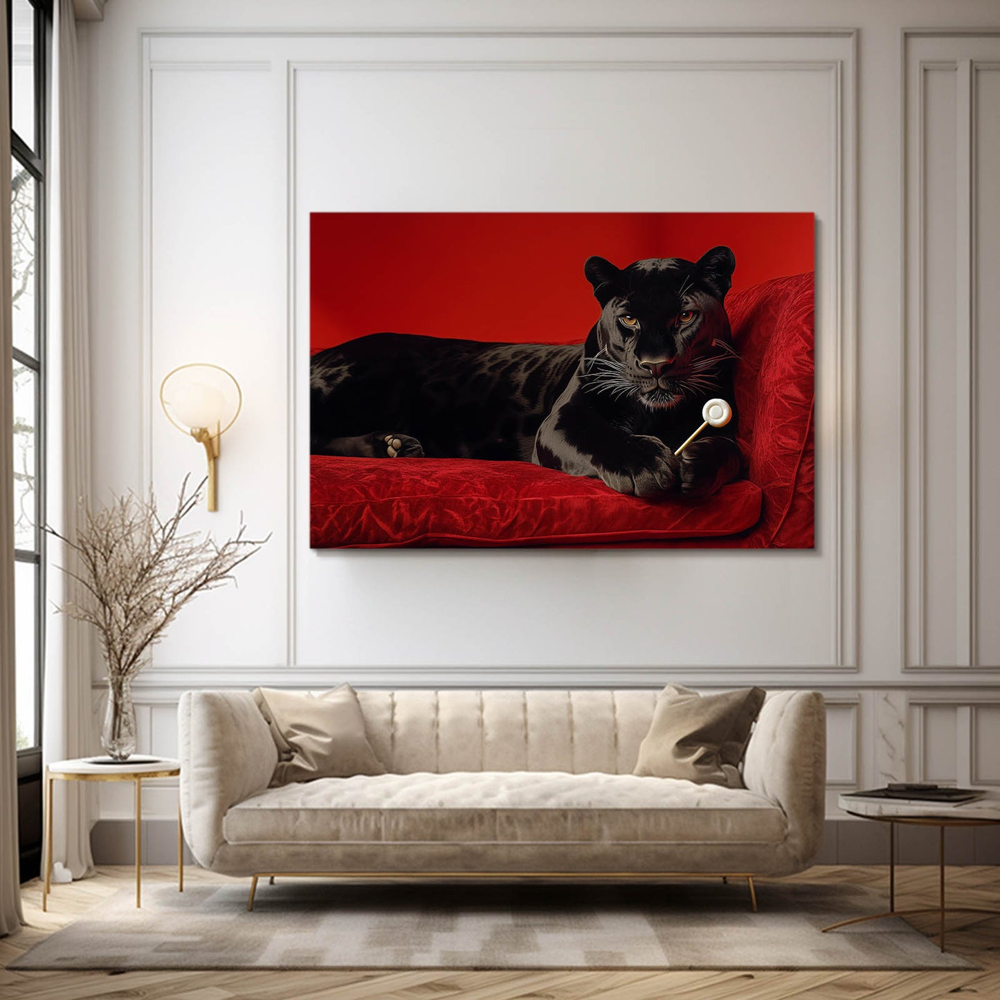 Black Leopard Lounging Wall Art – styled in a furnished interior