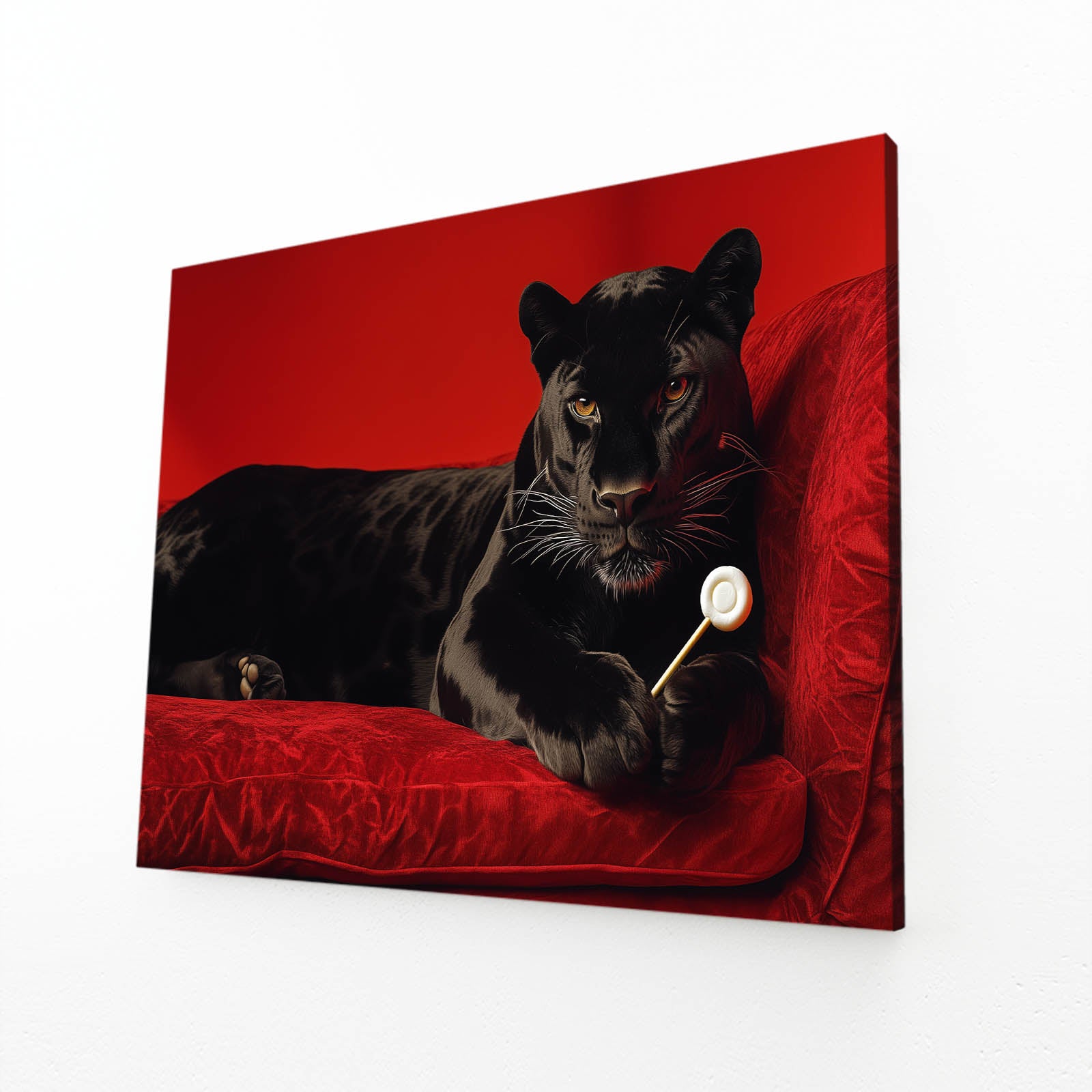 Black Leopard Lounging Wall Art – angled canvas view on white background