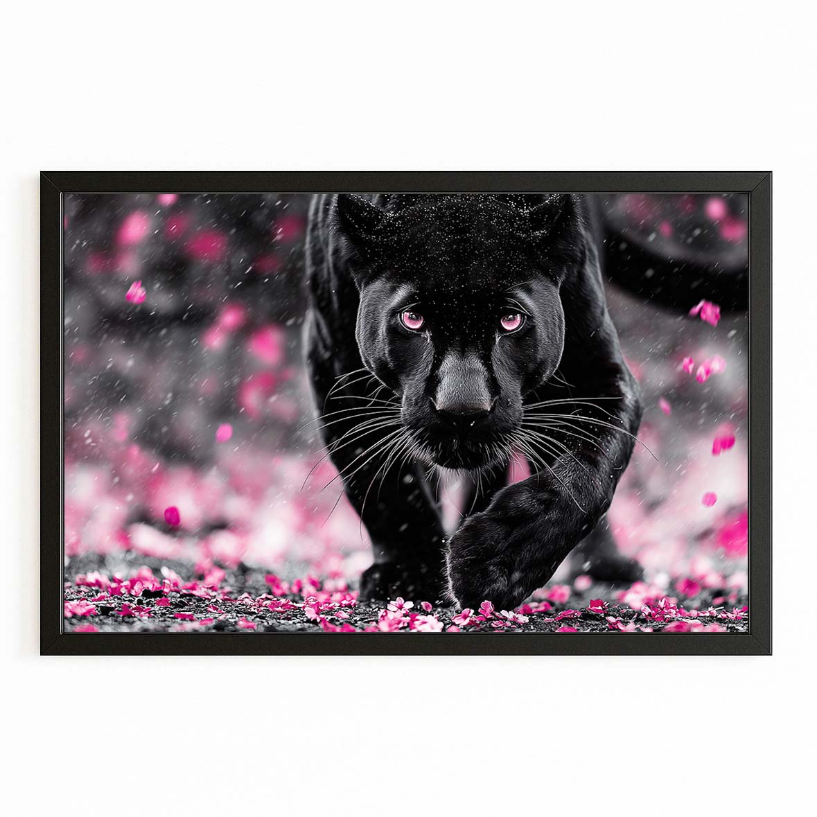 Black Panther Cherry Blossom Canvas Art – with Premium Black frame on white background
