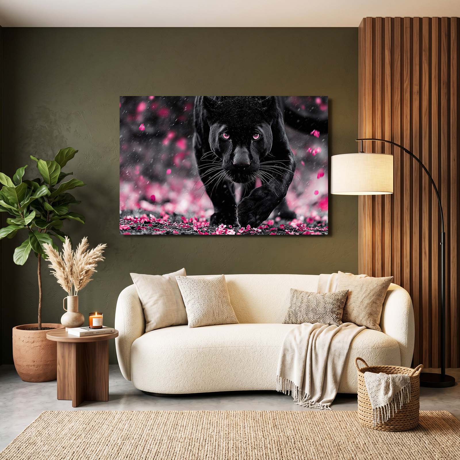 Black Panther Cherry Blossom Canvas Art – styled in a furnished interior