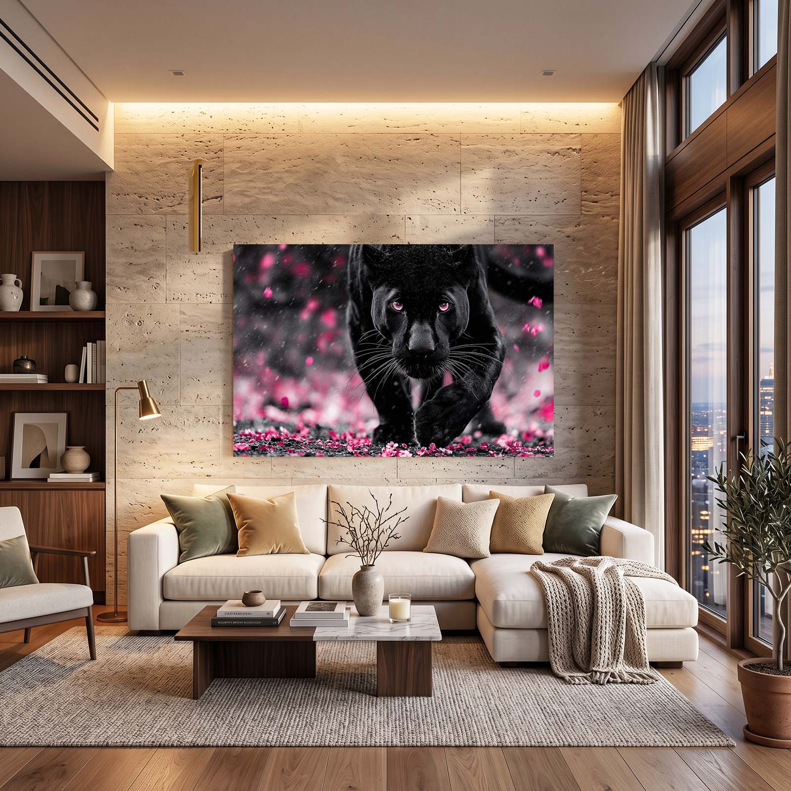 Black Panther Cherry Blossom Canvas Art – styled in a furnished interior
