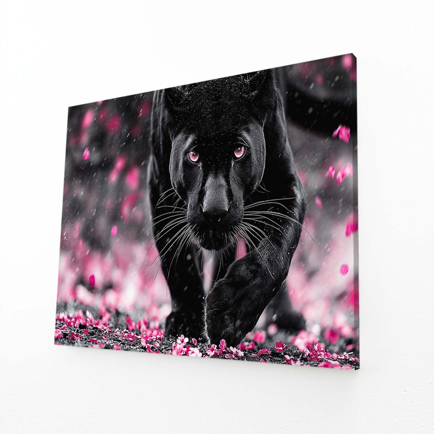 Black Panther Cherry Blossom Canvas Art – angled canvas view on white background