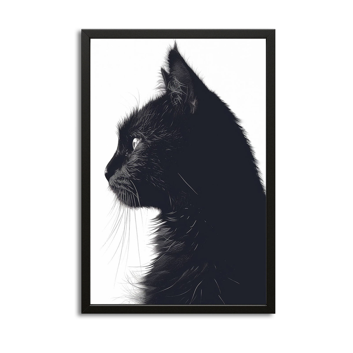 Black Profile Cat Wall Art — black and white canvas print in white tones, angled canvas view on white background