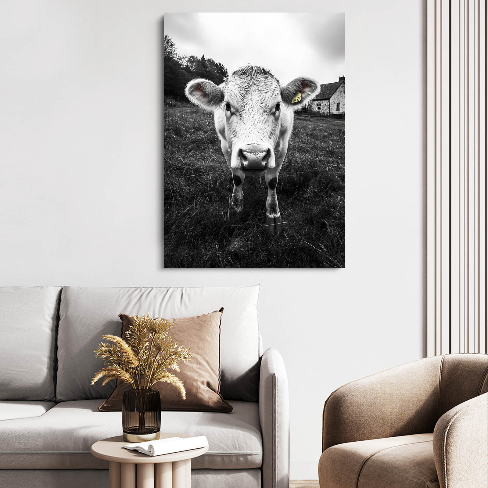 Black White Cow Wall Art – angled canvas view on white background