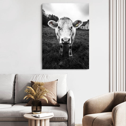 Black White Cow Wall Art – angled canvas view on white background