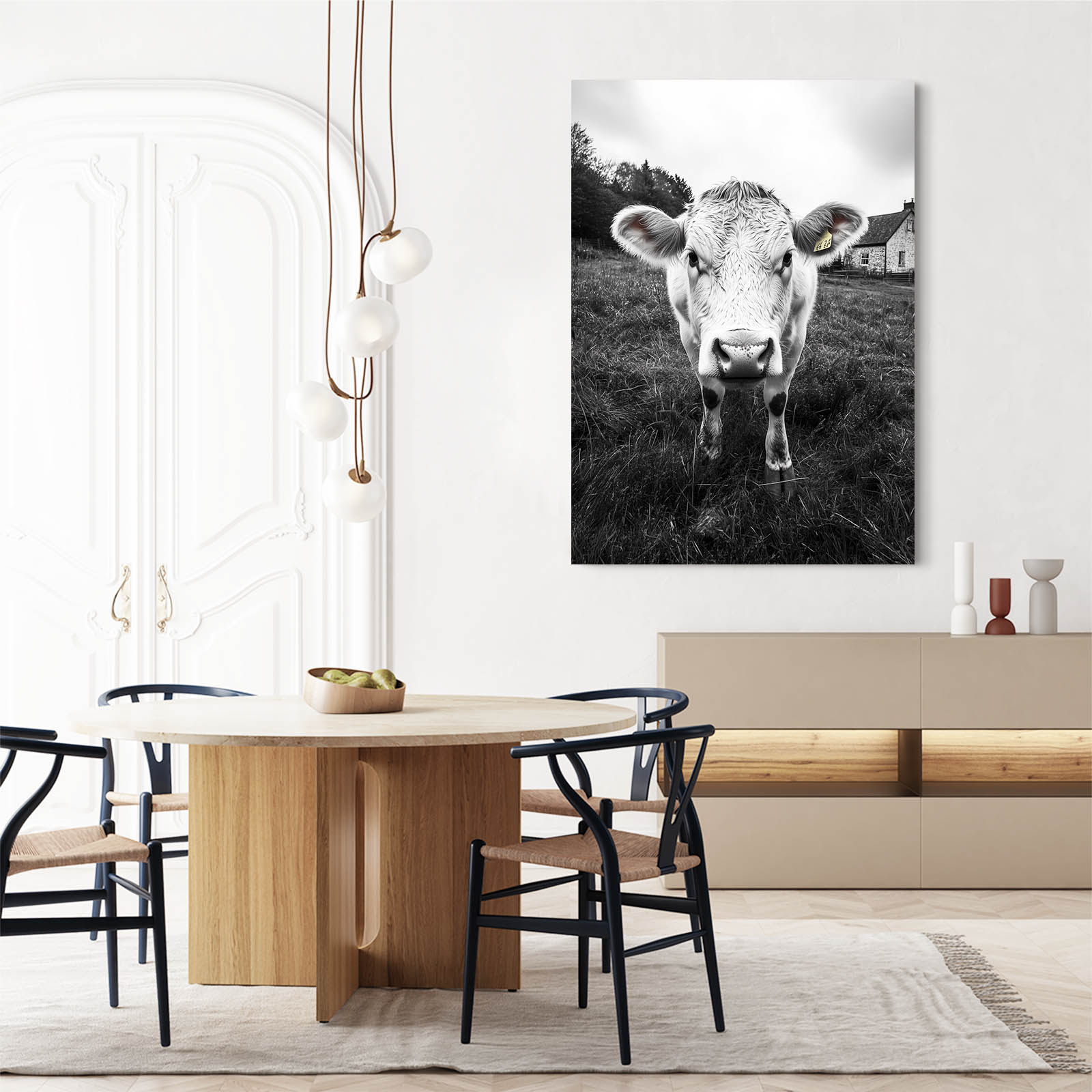 Black White Cow Wall Art – angled canvas view on white background