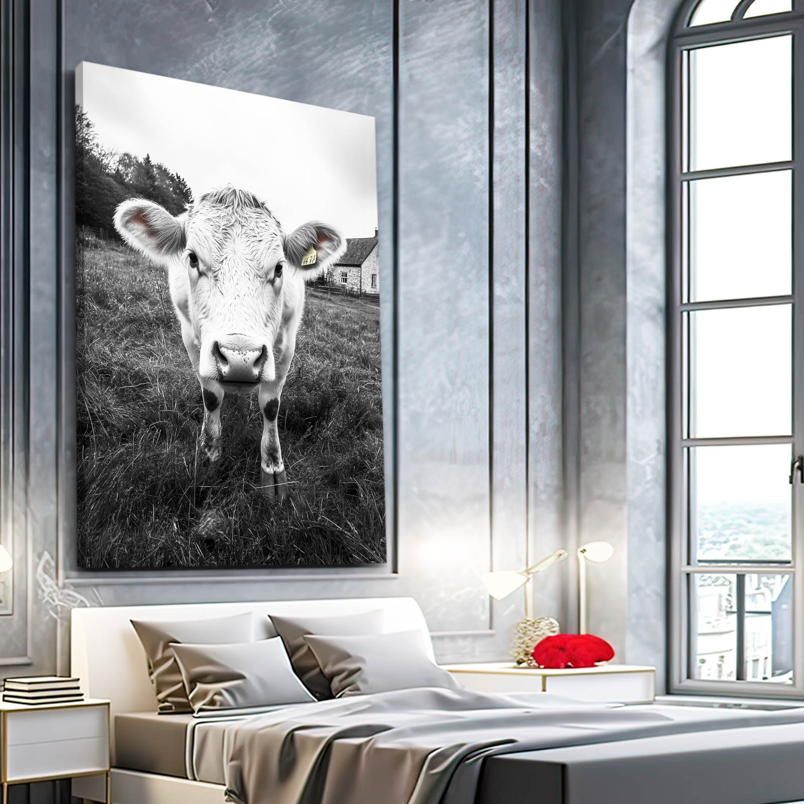 Black White Cow Wall Art – angled canvas view on white background