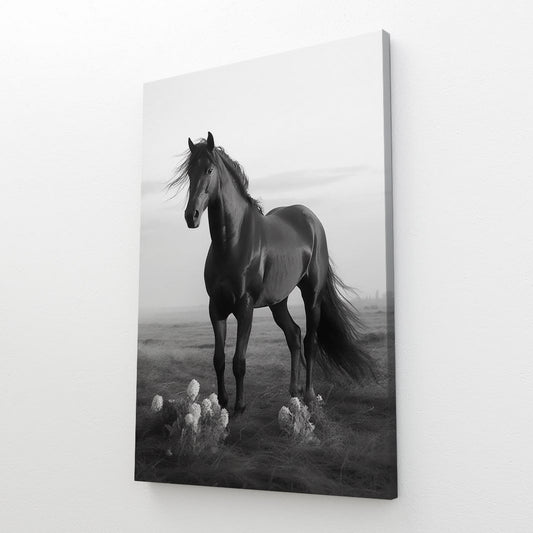 Black White Horse Canvas – angled canvas view on white background