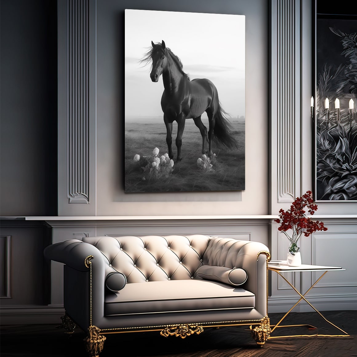 Black White Horse Canvas – angled canvas view on white background