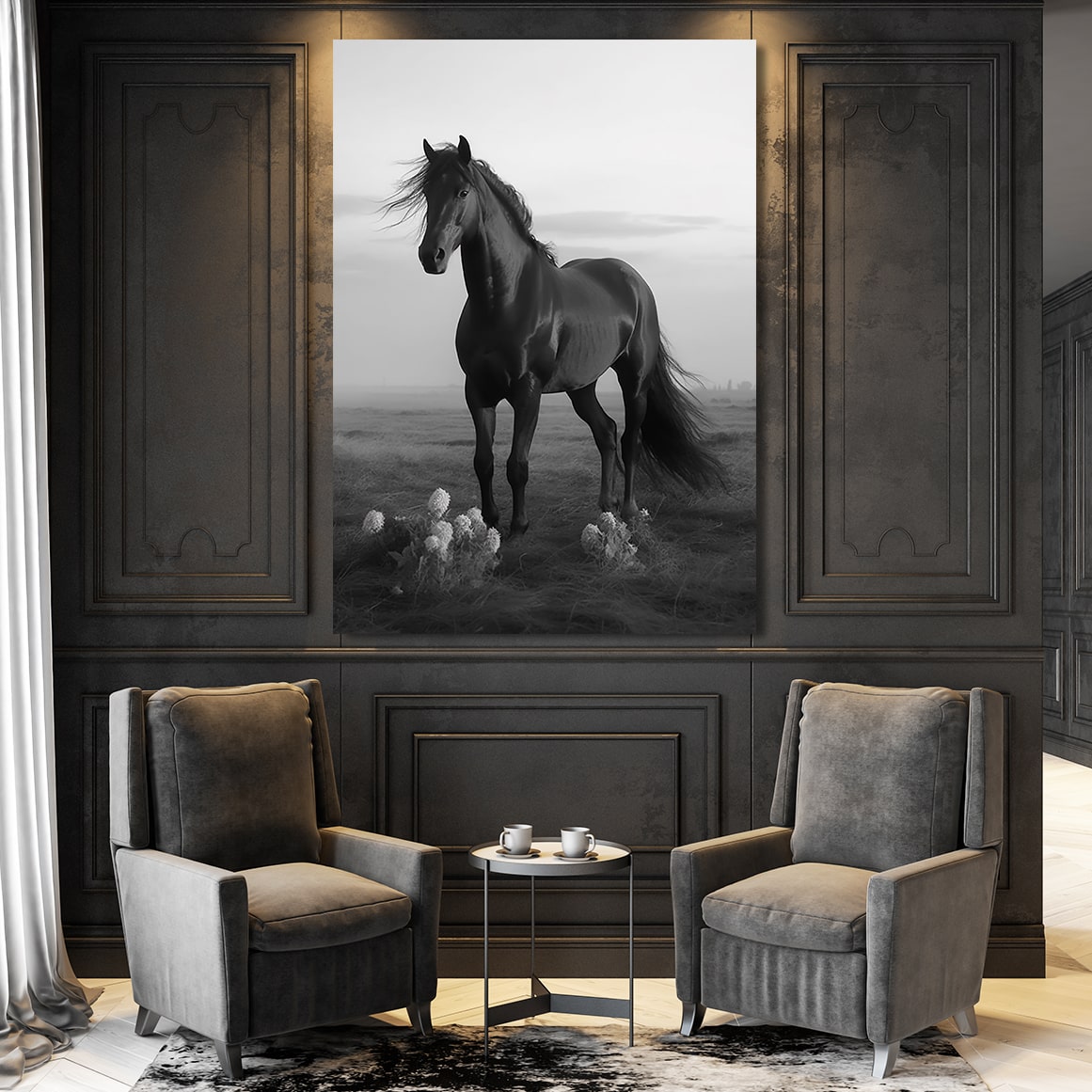 Black White Horse Canvas – angled canvas view on white background