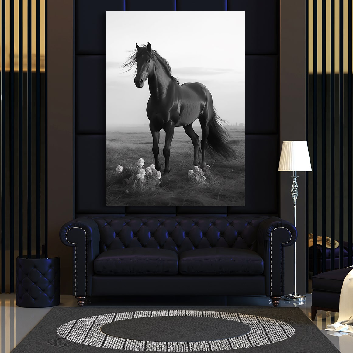 Black White Horse Canvas – angled canvas view on white background