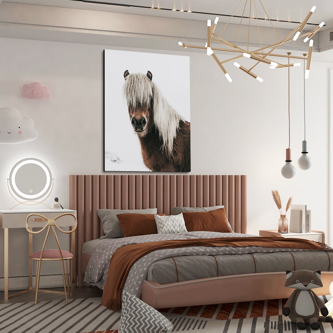 Black White Horse Wall Art – angled canvas view on white background
