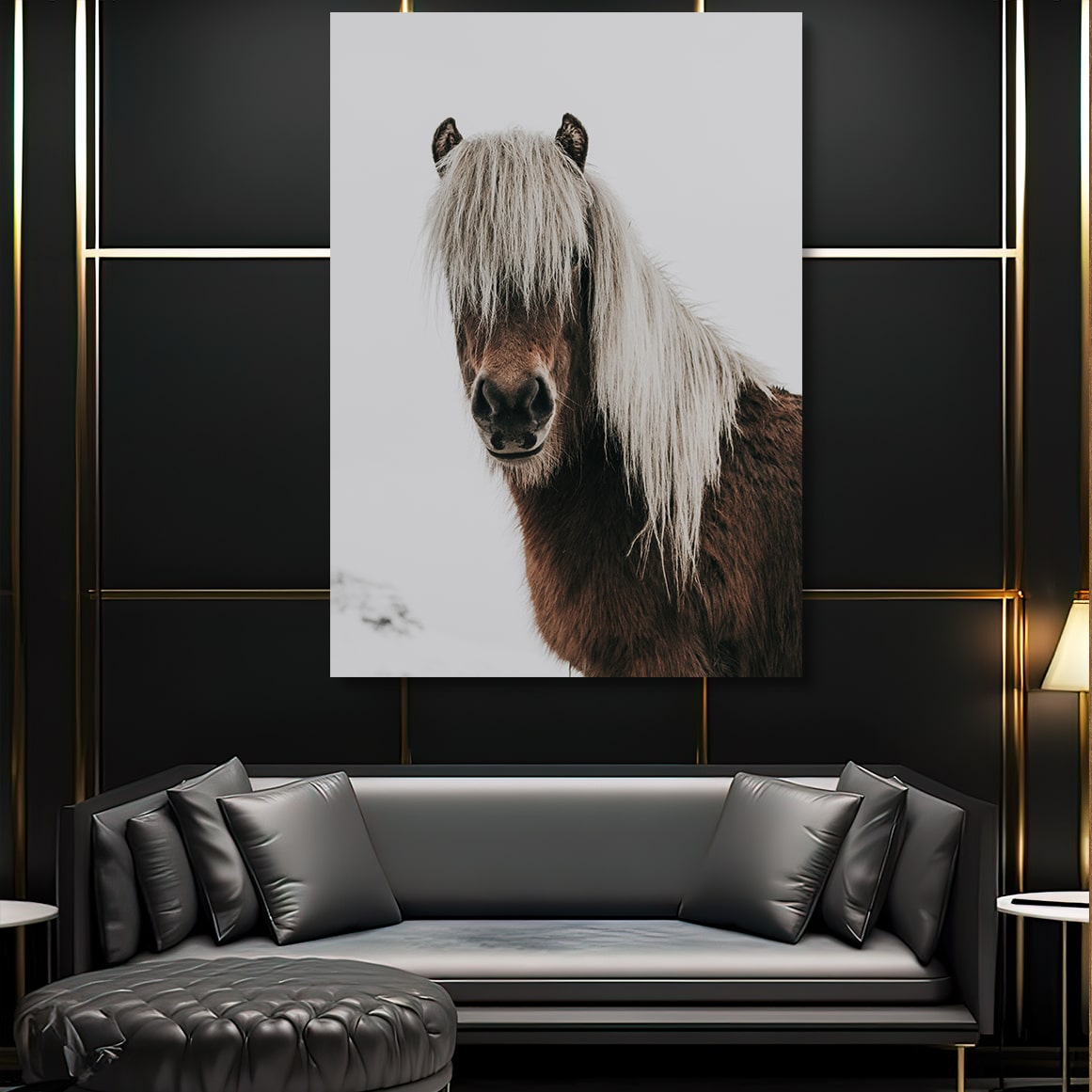 Black White Horse Wall Art – angled canvas view on white background