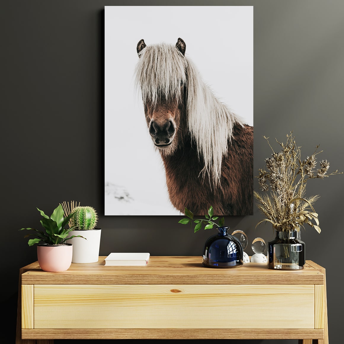 Black White Horse Wall Art – angled canvas view on white background