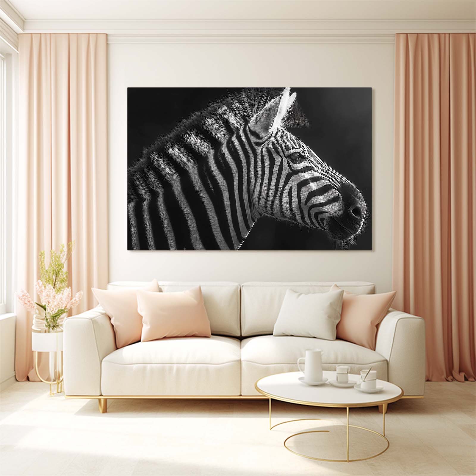 Black White Zebra Canvas Art – styled in a furnished interior