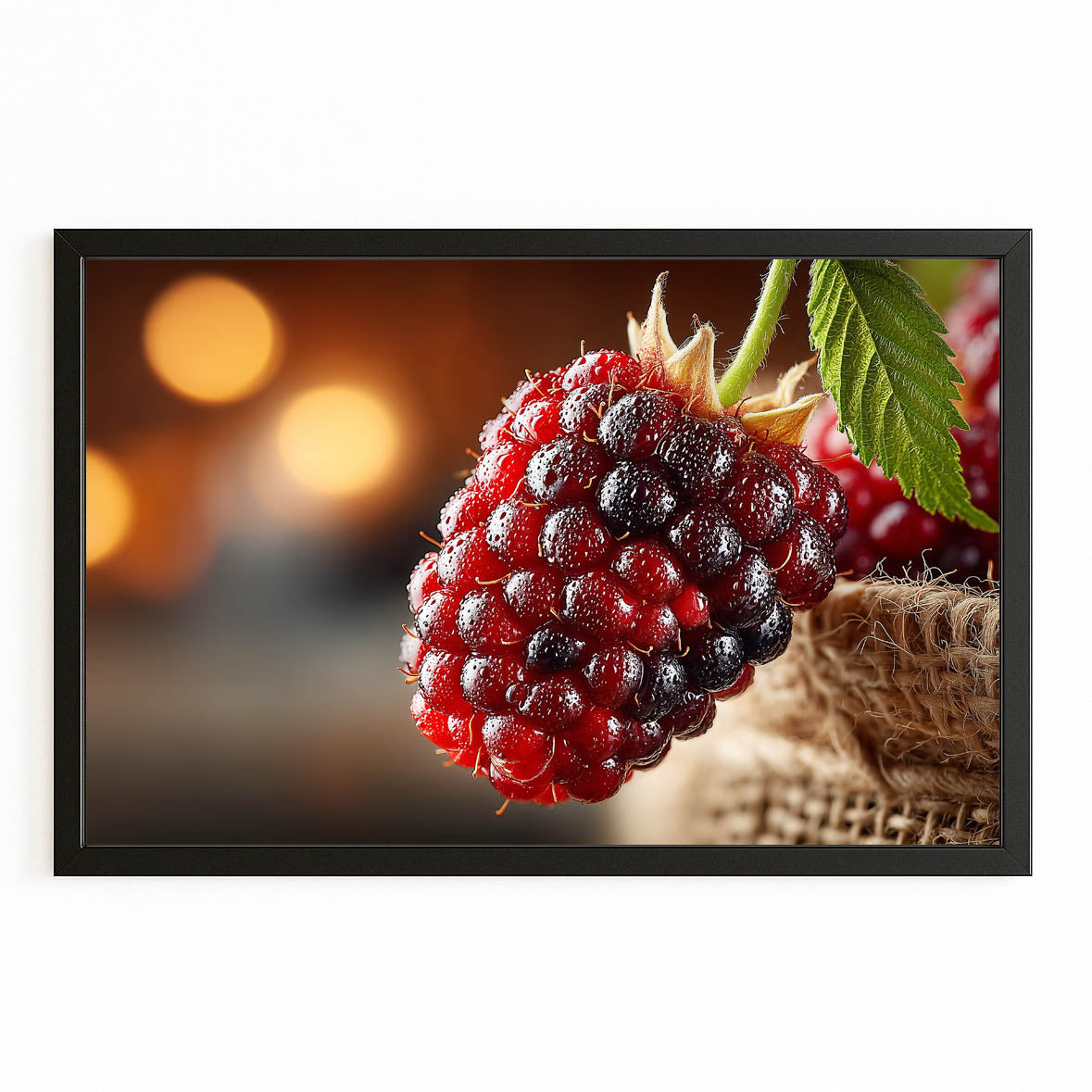 Blackberry Bokeh Macro Fruit Canvas Art – with Premium Black frame on white background