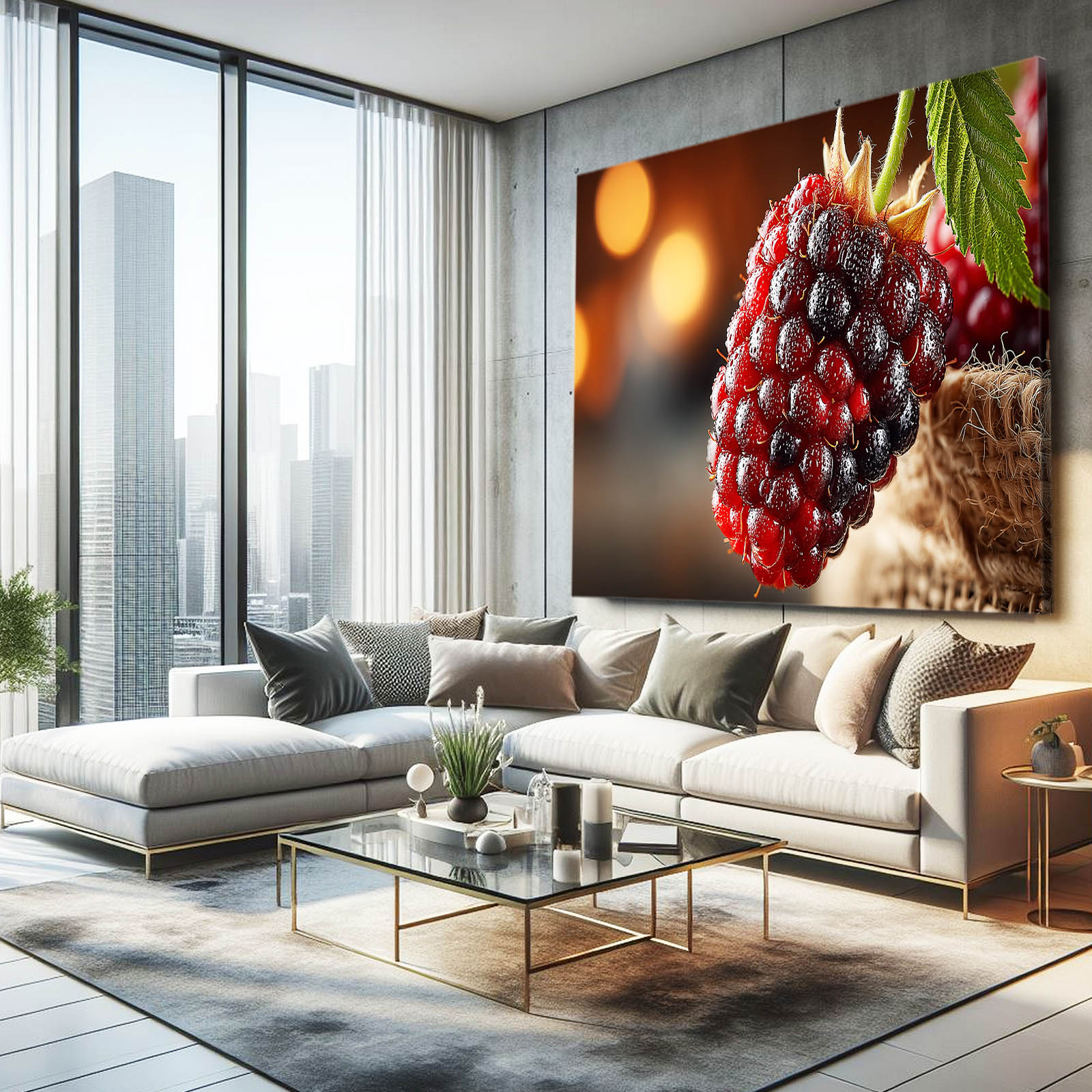 Blackberry Bokeh Macro Fruit Canvas Art – styled in a furnished interior