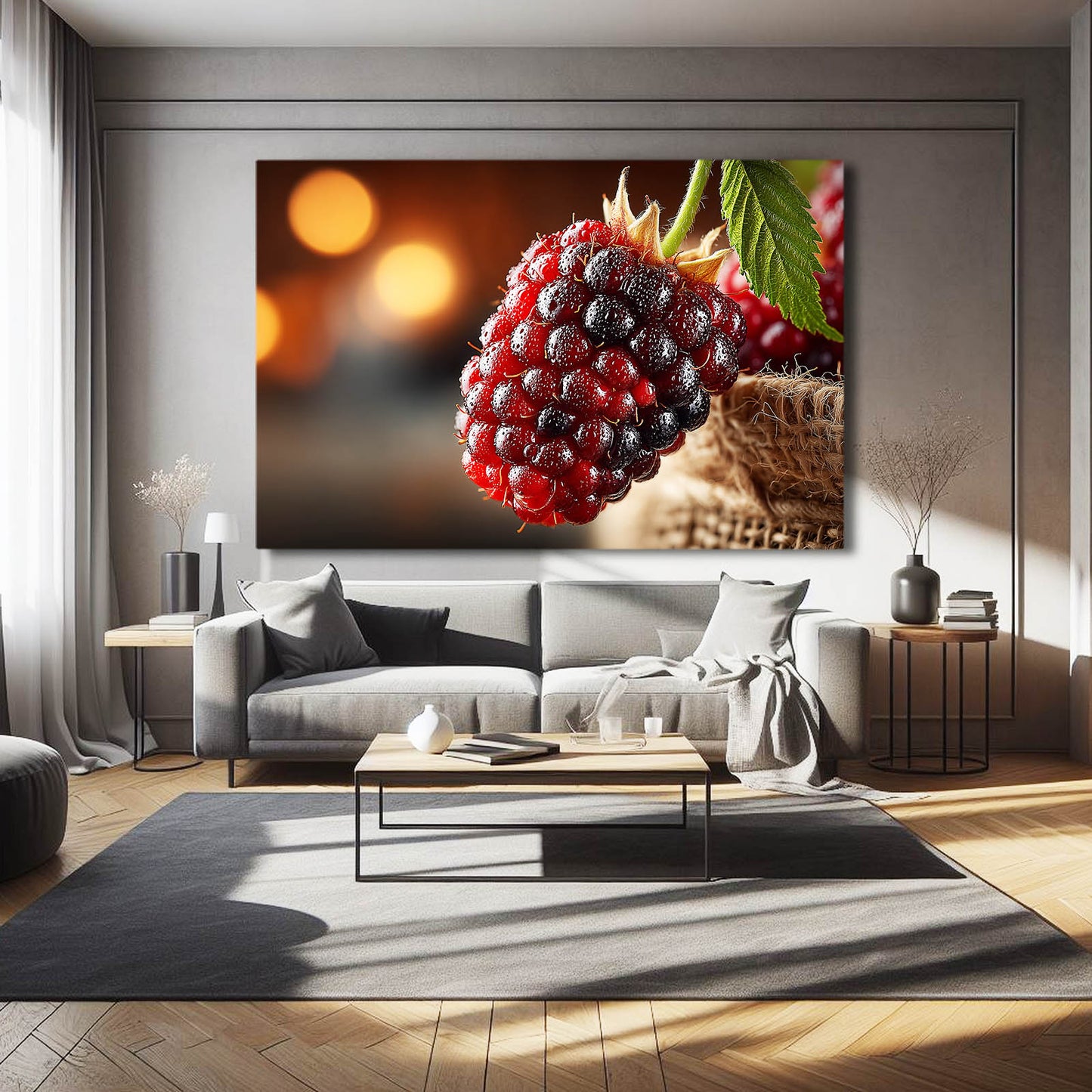 Blackberry Bokeh Macro Fruit Canvas Art – styled in a furnished interior