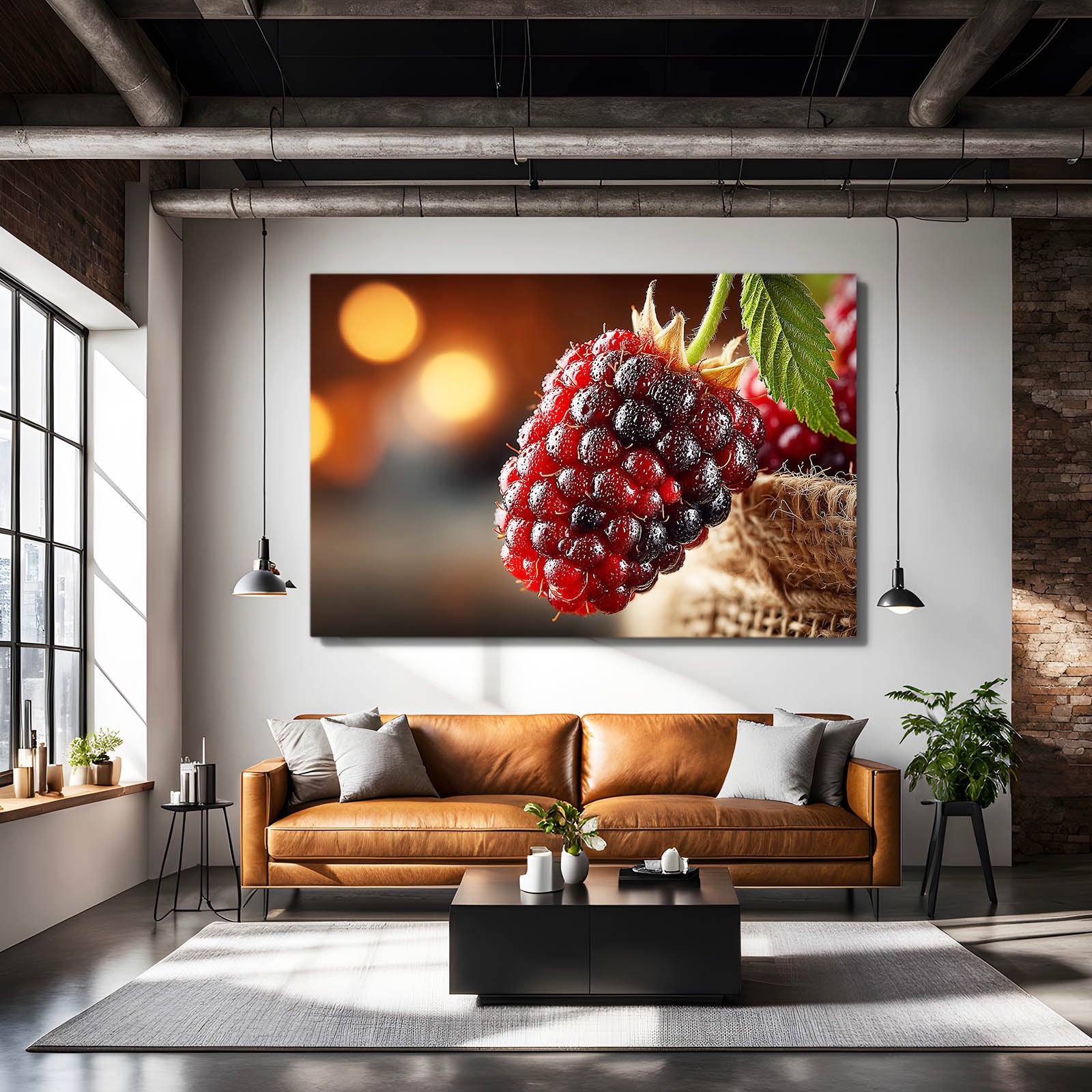 Blackberry Bokeh Macro Fruit Canvas Art – styled in a furnished interior
