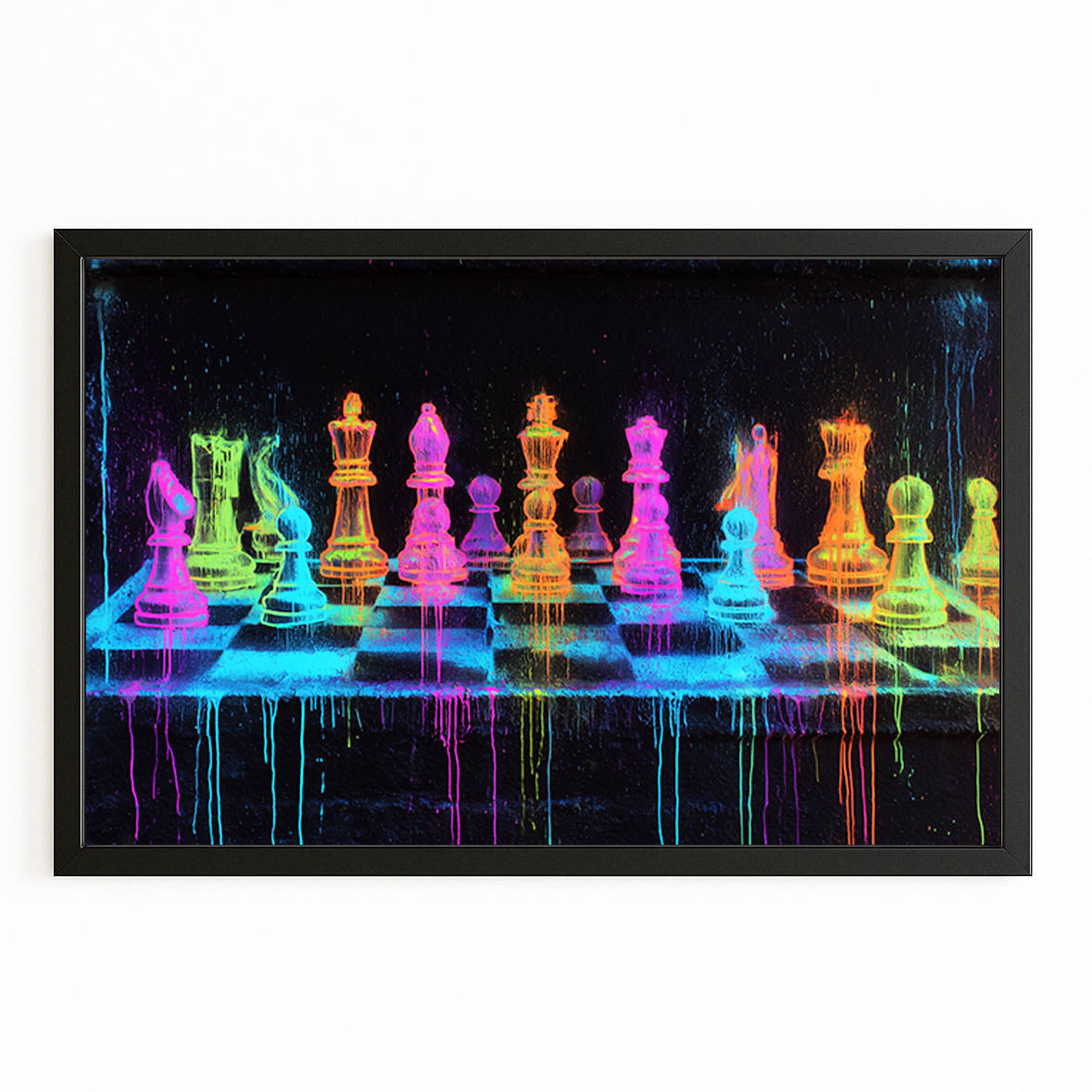 Blacklight Neon Board Chess Canvas Art – with Premium Black frame on white background