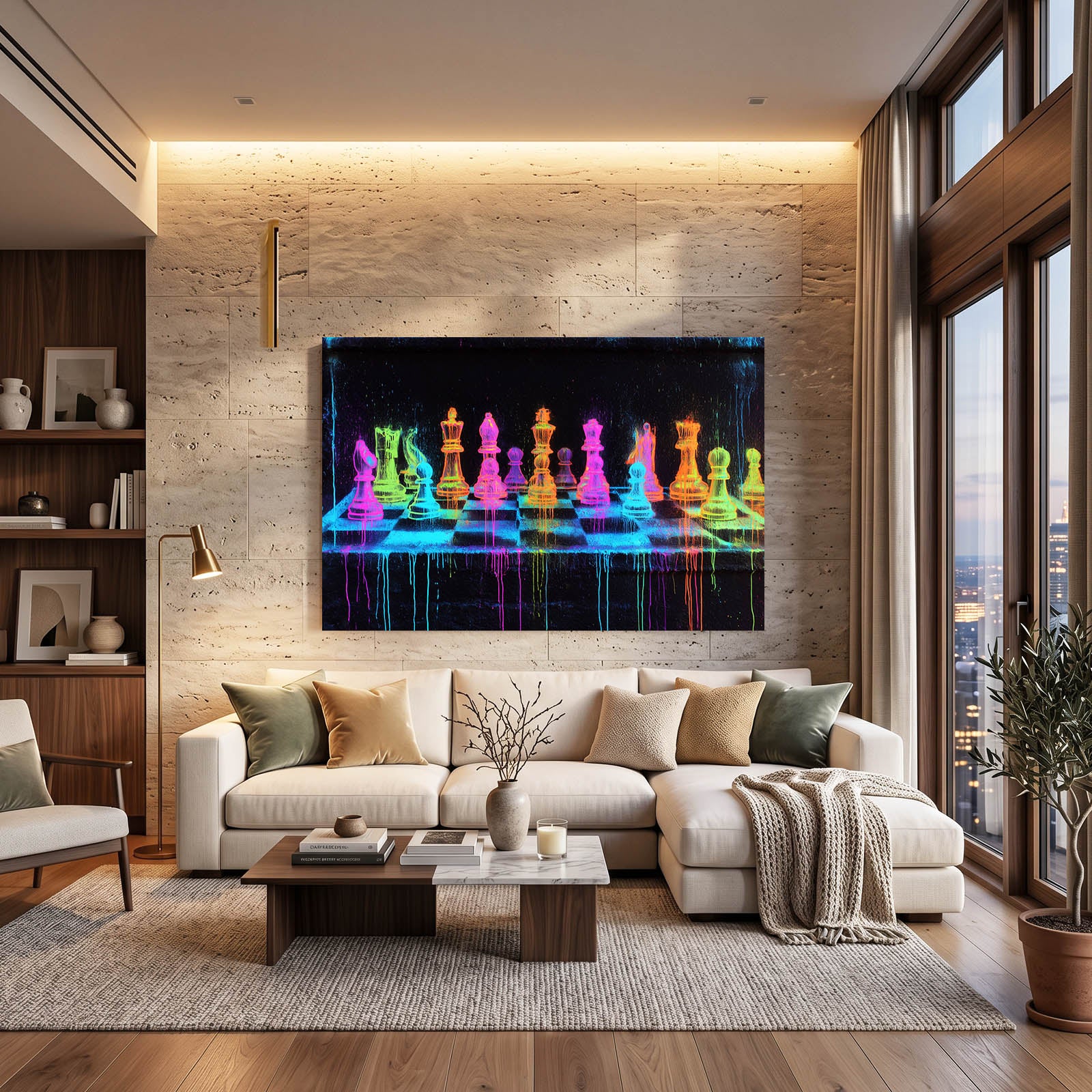 Blacklight Neon Board Chess Canvas Art – styled in a furnished interior