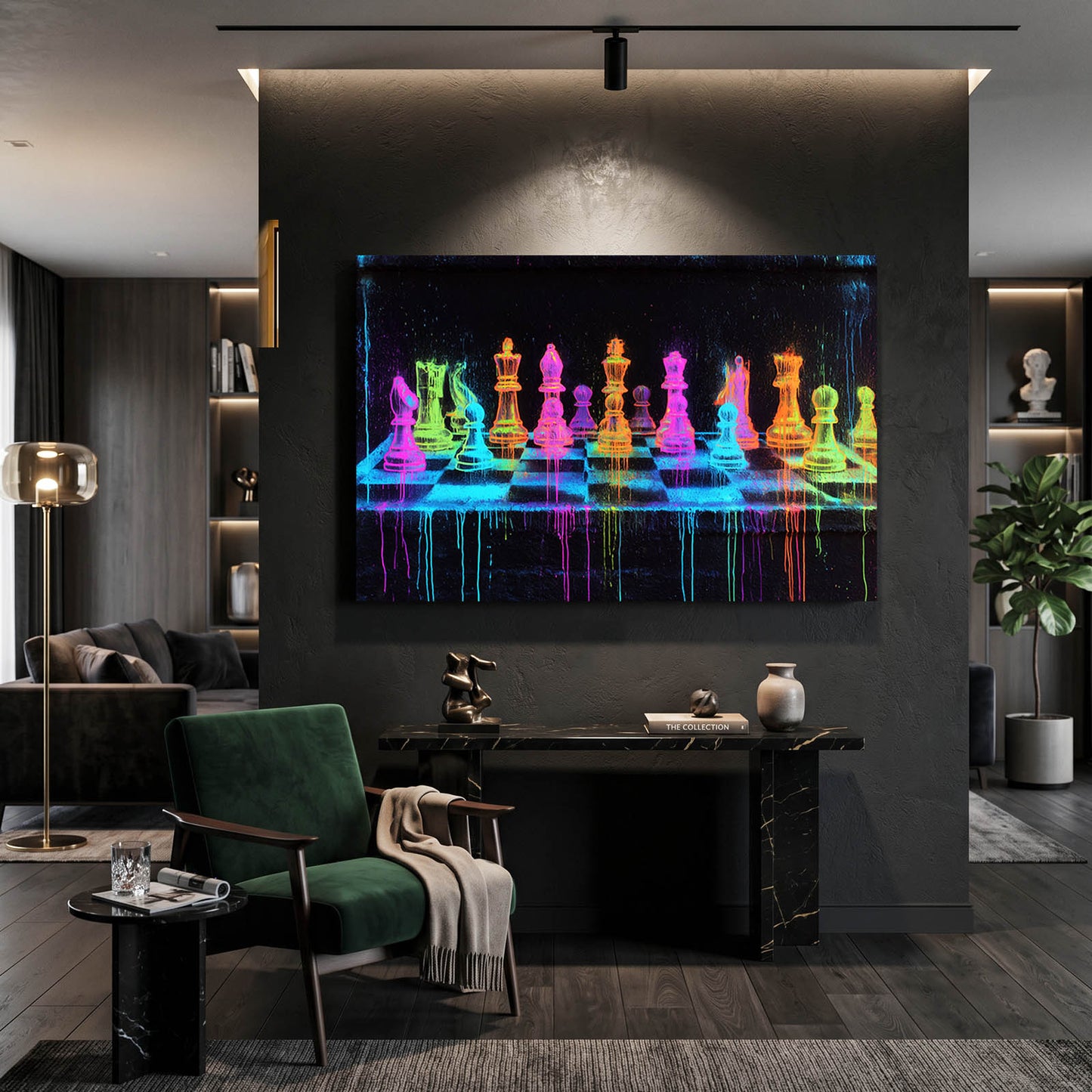Blacklight Neon Board Chess Canvas Art – styled in a furnished interior