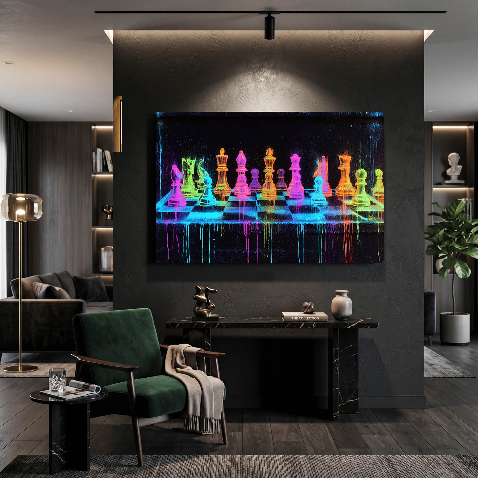 Blacklight Neon Board Chess Canvas Art – styled in a furnished interior